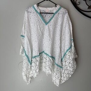 Ranees Boho White Lace Sequin Poncho Top Sheer Crochet‎ Trim Beach festival S